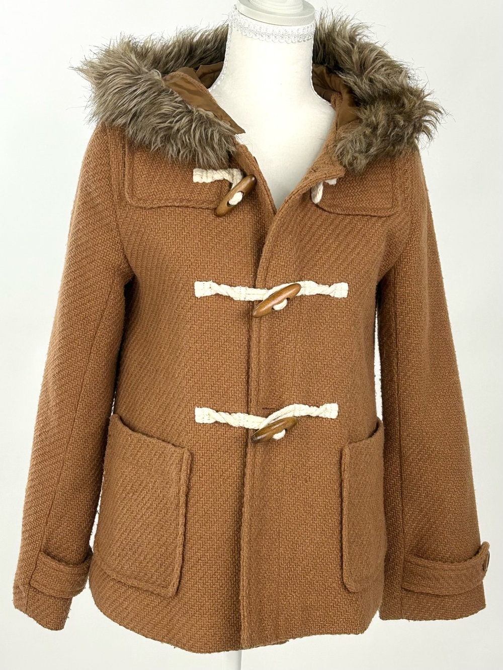 Chocol Raffine Robe Japanese Wool Blend Duffle Coat Faux Fur Hood Camel